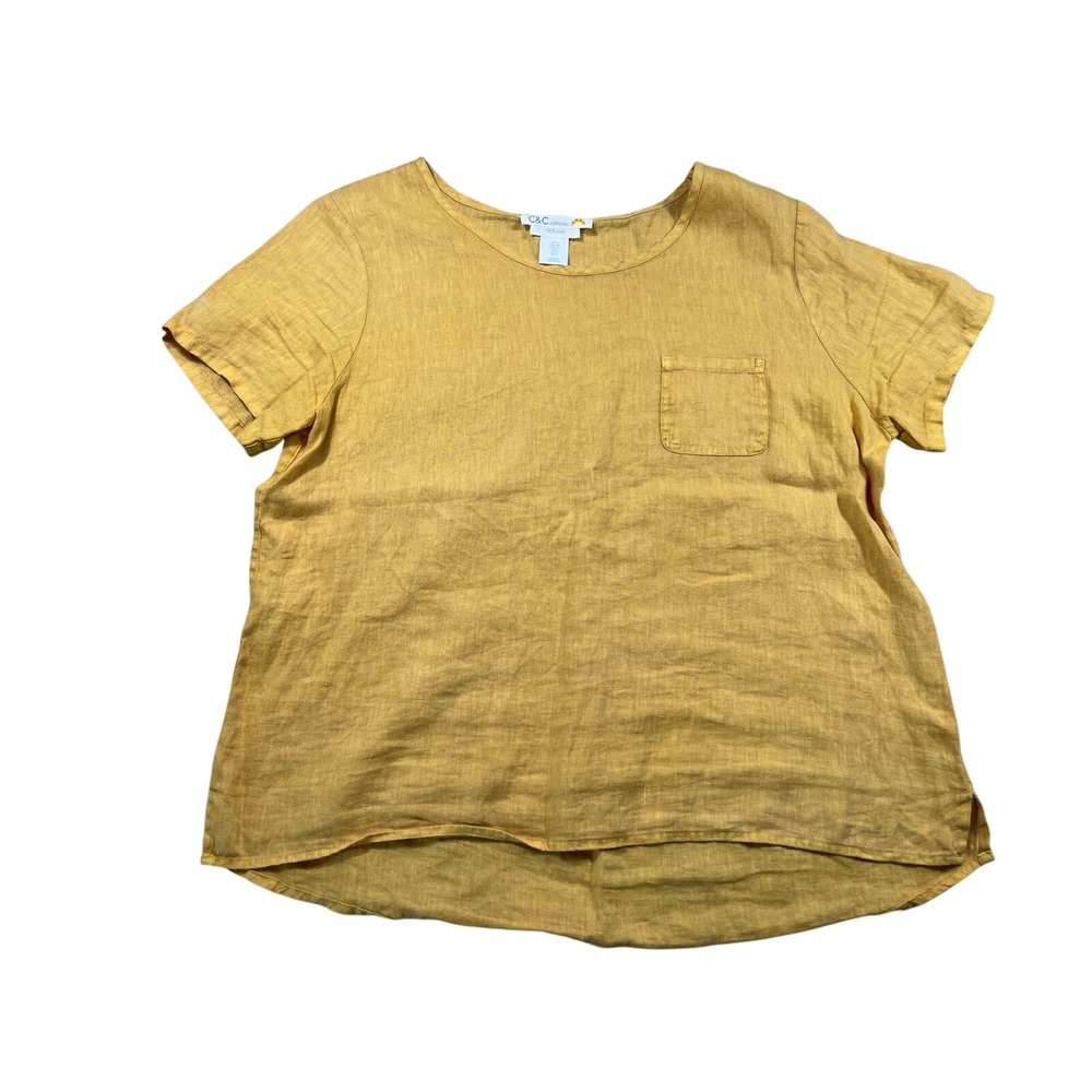C&C California 100% Linen Mustard Yellow Pocket Tee Top Size Large